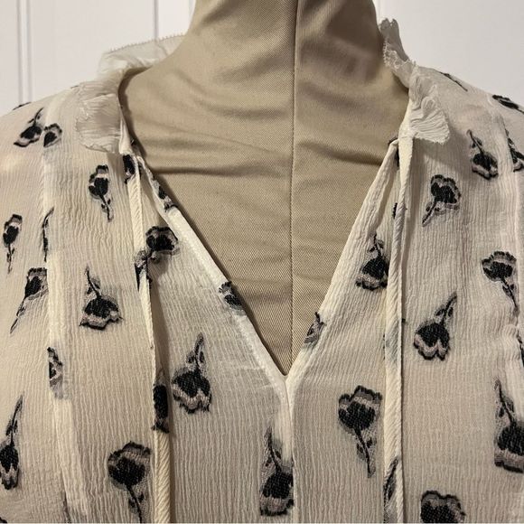 Rebecca Taylor Boho 100% Silk Chiffon Ruffle Ivory Black Floral Peasant Top S - Picture 2 of 16